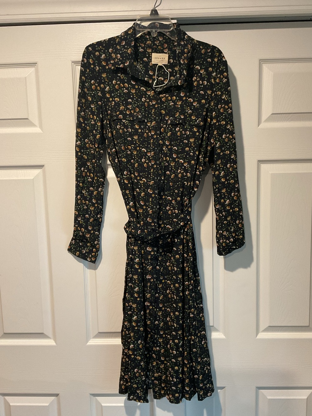 NWOT Sezane Long Black & Flower Floral Rayon Long Maxi Shirt Dress Belt Boho, 44